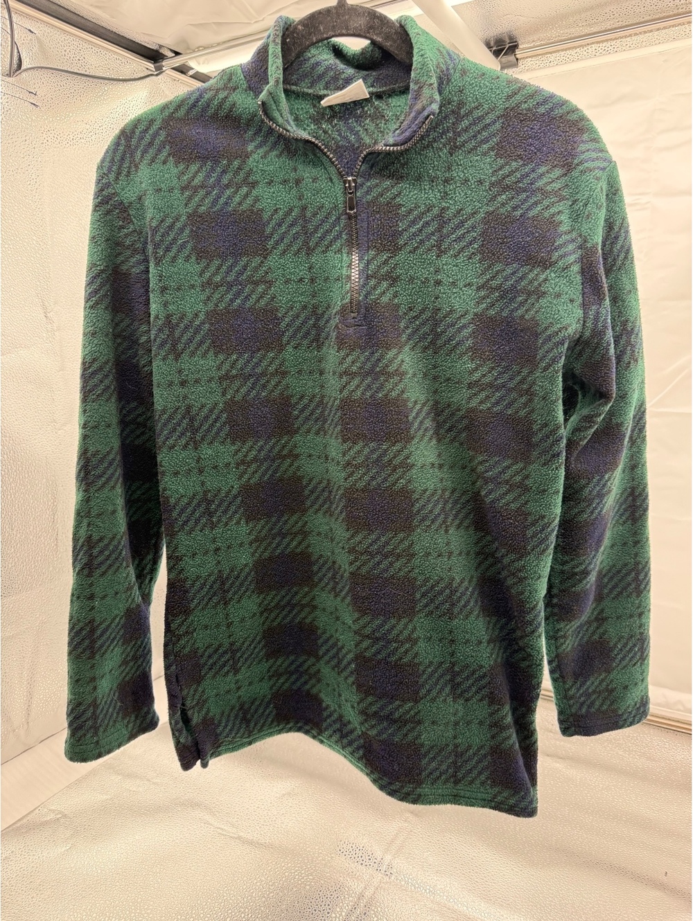 Green and Navy Plaid Fleece Pullover with Half-Zip